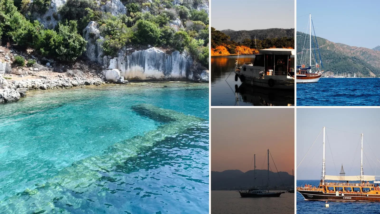 Collage: Clear water at Kekova, A boat moored in a quiet bay near Göcek, A gulet sailing past green hills, Yachts at sunset off Marmaris, A traditional Turkish gulet
