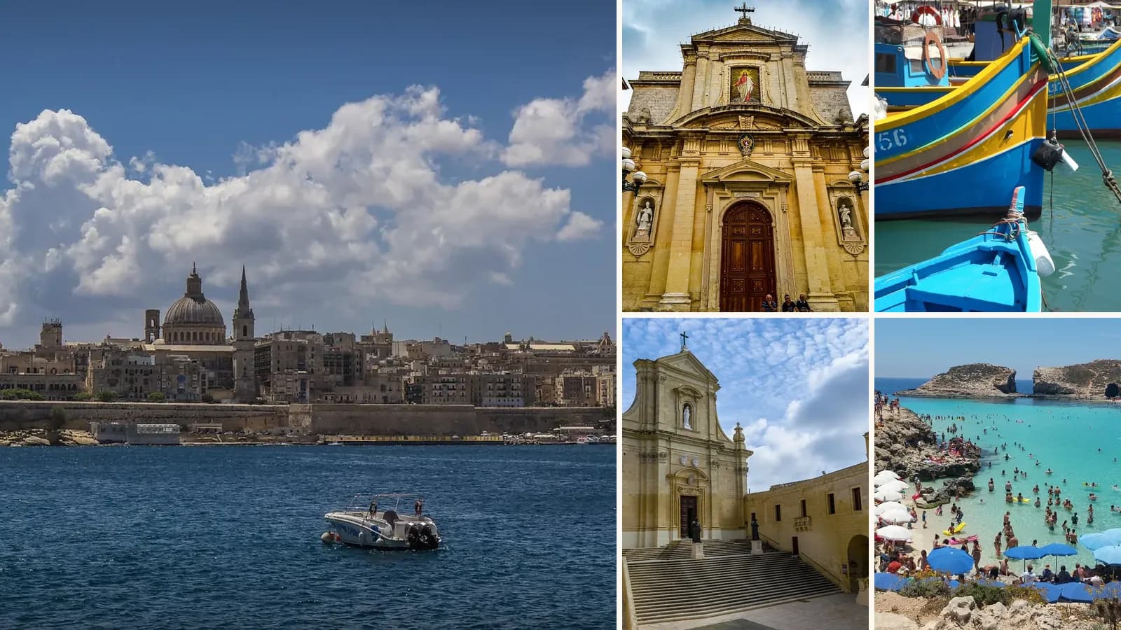 Collage: Valletta across the harbour, The cathedral in Mdina, Luzzu fishing boats in Marsaxlokk, The Citadel in Victoria, Gozo, The Blue Lagoon on Comino