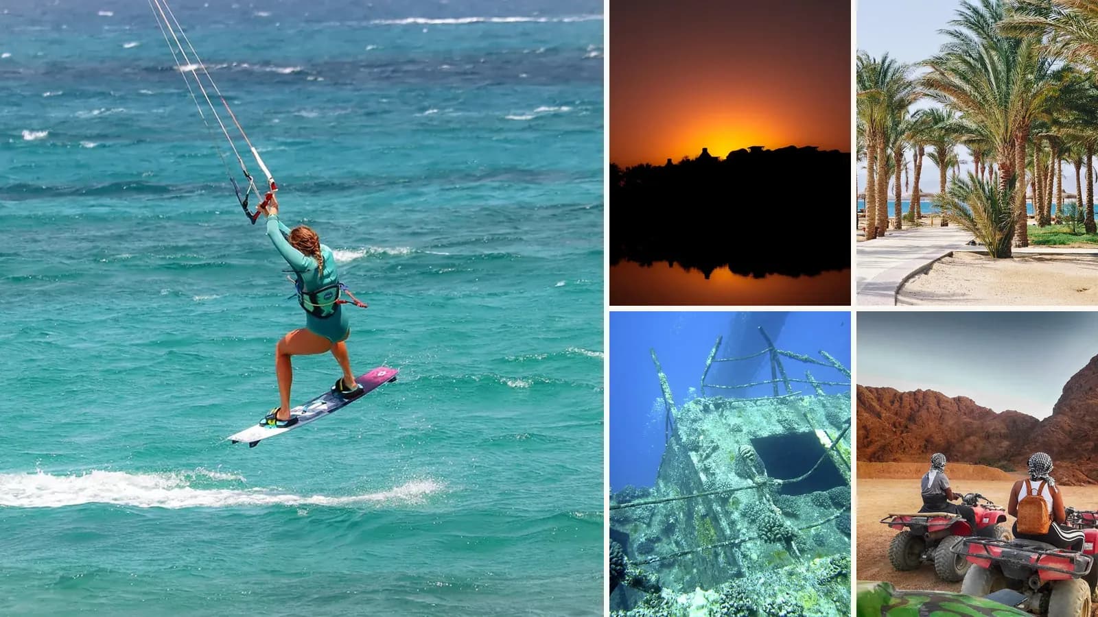 Collage: A kitesurfer on a turquoise lagoon, Sunset over El Gouna, Palm trees on a Red Sea resort beach, A diver exploring a wreck, Quad bikes in the desert
