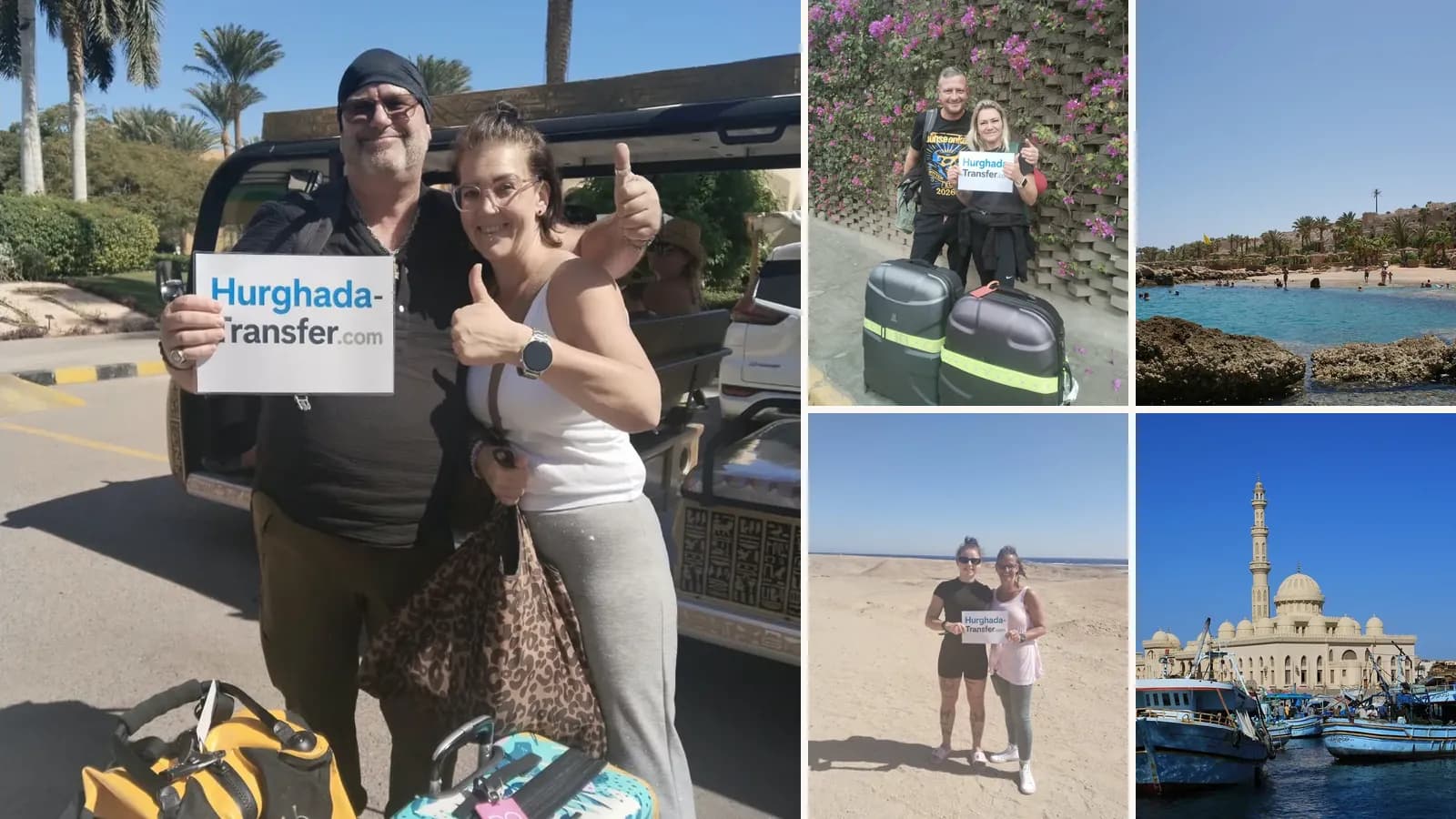 Collage: Two smiling guests with their luggage and a Hurghada-Transfer.com sign outside their Red Sea hotel, A couple with two large suitcases holding a Hurghada-Transfer.com sign in front of a wall of bougainvillea, The beach at Sahl Hashe
