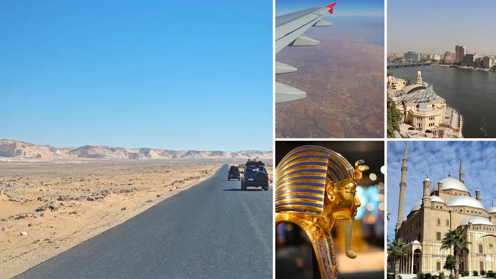 Collage: A desert highway in Egypt, The desert seen from a plane window, The Nile in Cairo, A golden Tutankhamun mask, The Mosque of Muhammad Ali on the Cairo Citadel