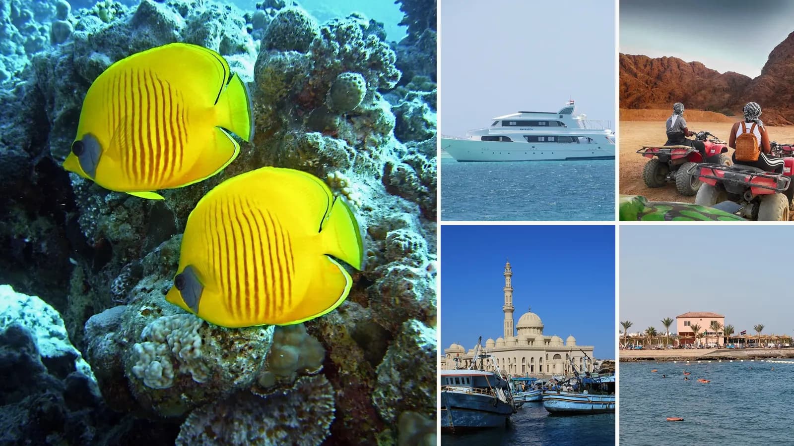 Collage: Butterflyfish on a Red Sea coral reef, A yacht in turquoise water off Hurghada, Quad bikes in the desert near the Red Sea, El Mina Mosque and the harbour in Hurghada, A resort beach on the Red Sea