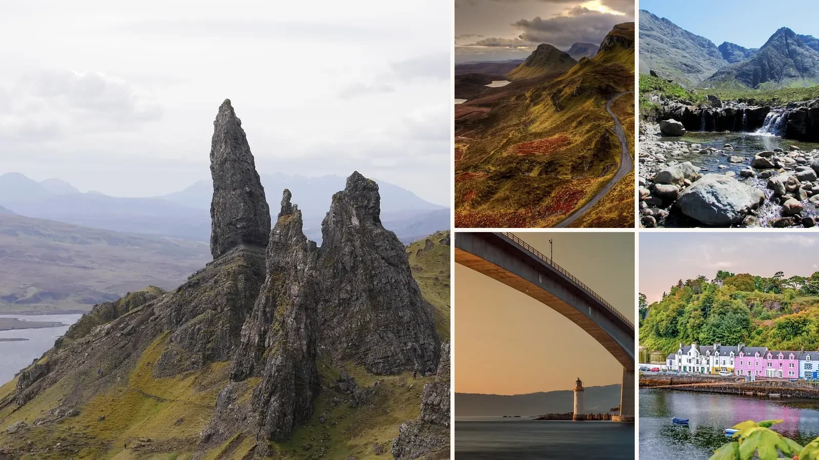 Collage: The Old Man of Storr, The road through the Quiraing, The Fairy Pools below the Cuillin, Neist Point at dusk, Colourful houses on Portree harbour
