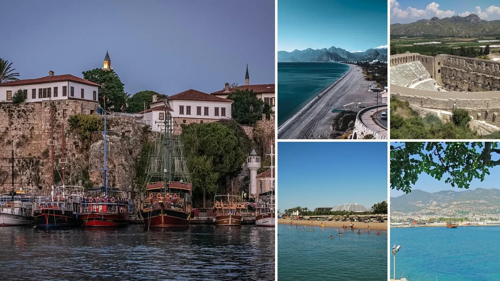 Collage: Kaleiçi's old harbour walls in Antalya, Konyaaltı beach and the Beydağları mountains, The Roman theatre at Aspendos, Hotels along the beach at Belek, The Red Tower and harbour at Alanya