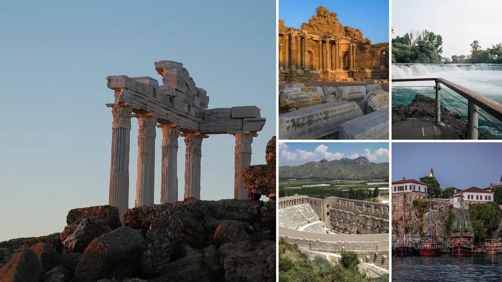 Collage: Columns of the Temple of Apollo at Side, Ruins in ancient Side, The Manavgat waterfall, The Roman theatre at Aspendos, Alanya's harbour and the Red Tower