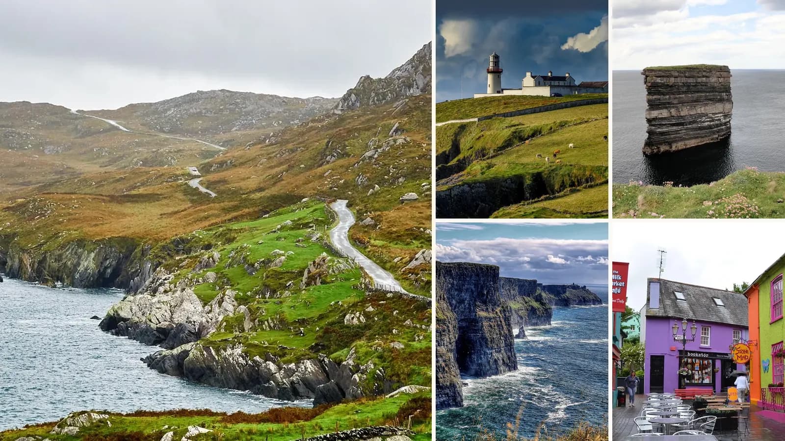 Collage: A coastal road on the Wild Atlantic Way, A lighthouse on a headland on the Irish coast, The sea stack of Dún Briste at Downpatrick Head, Mayo, The Cliffs of Moher, County Clare, Colourful houses in Kinsale, County Cork