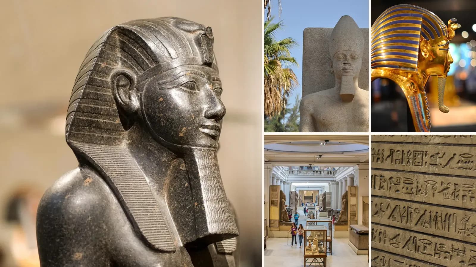 Collage: A granite statue of an Egyptian pharaoh, A statue of Ramesses II, Tutankhamun's golden mask on display, Ancient Egyptian sculpture in a museum gallery, Hieroglyphs carved in stone
