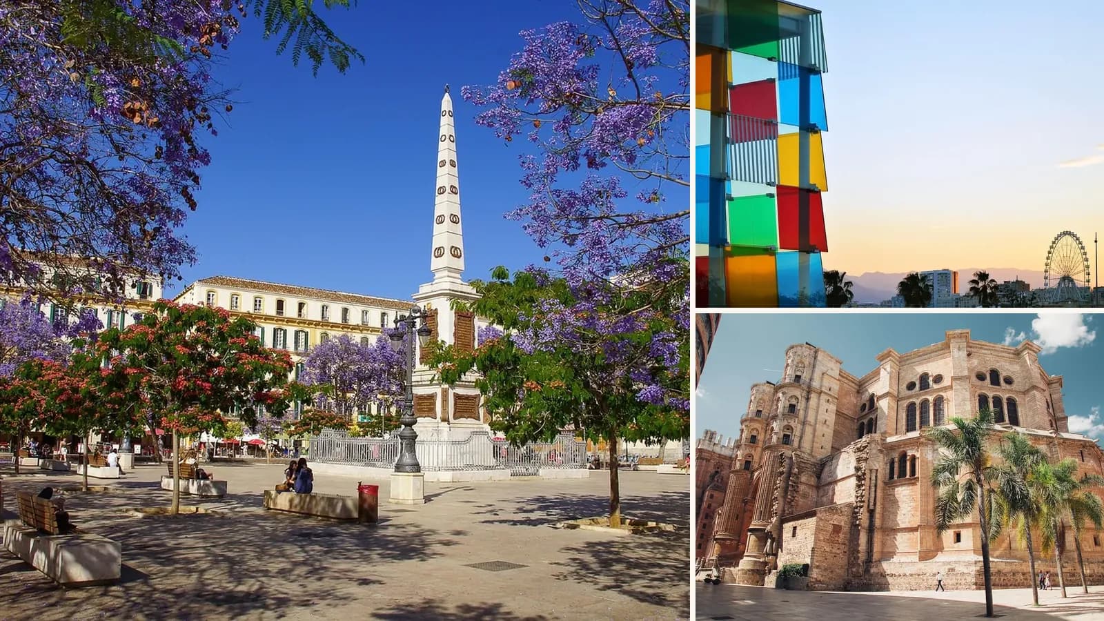 Collage: Plaza de la Merced, Málaga, The Centre Pompidou cube in Málaga, Málaga Cathedral