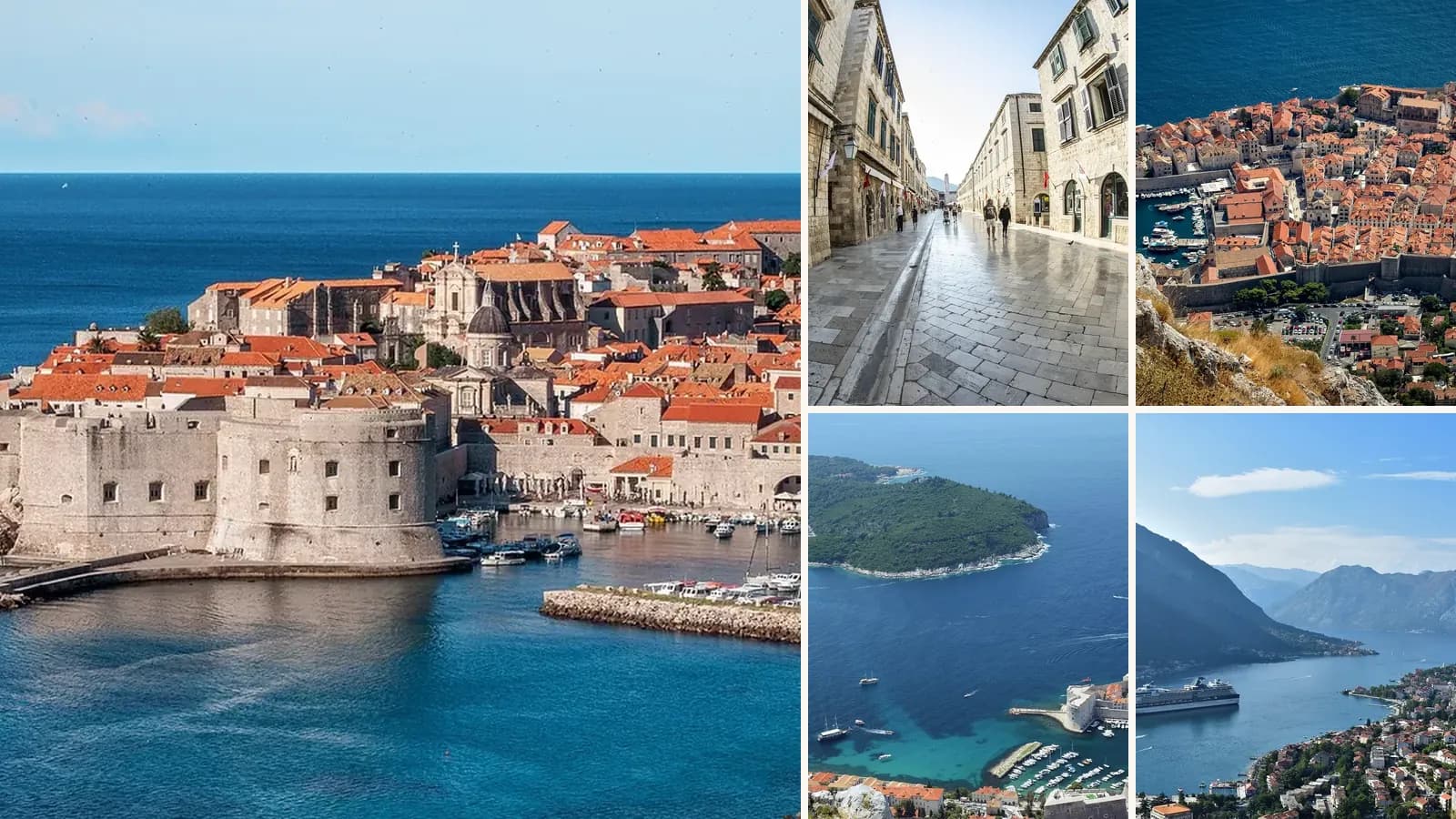 Collage: Dubrovnik's old town and city walls, Stradun, Dubrovnik's main street, Dubrovnik seen from above, Lokrum island off Dubrovnik, A cruise ship in the Bay of Kotor