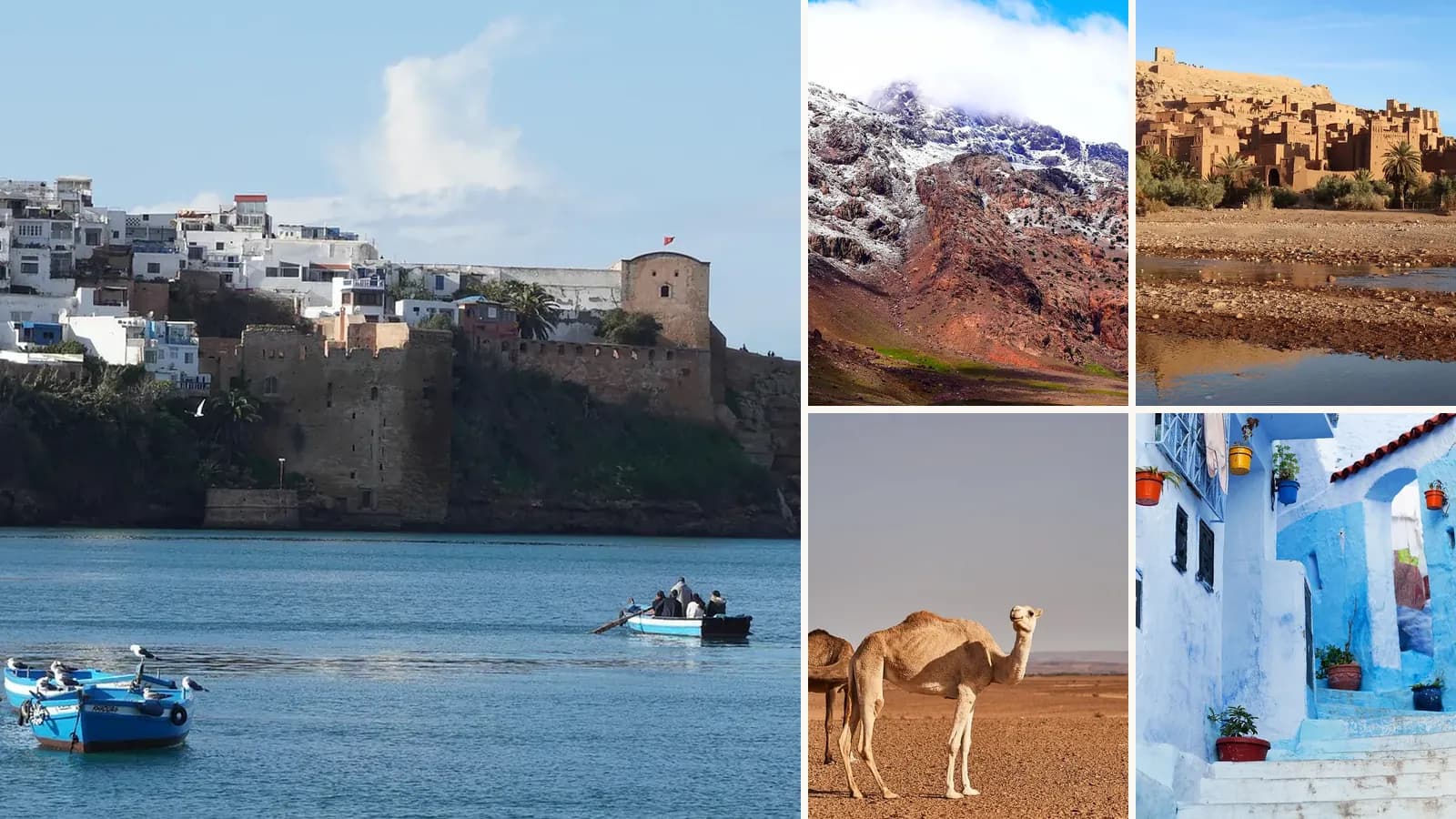 Collage: The Kasbah of the Udayas, Rabat, The High Atlas mountains, Aït Benhaddou, A camel in the Sahara near Merzouga, Blue stairs in Chefchaouen