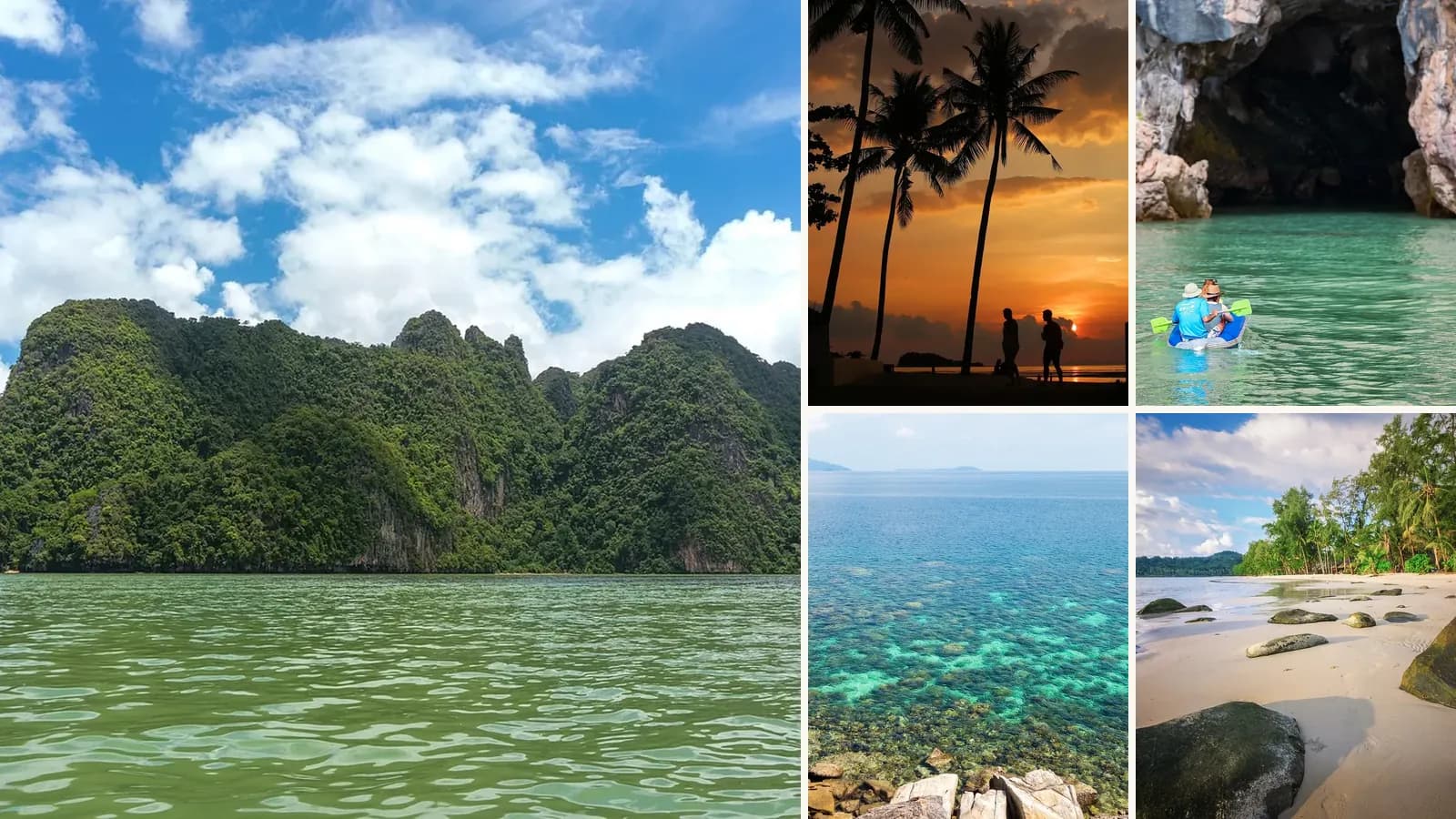 Collage: Limestone islands in Phang Nga Bay, Sunset over a beach on Koh Lanta, A kayaker paddling into a sea cave, Clear water over a reef off Koh Lipe, A beach on Koh Kood