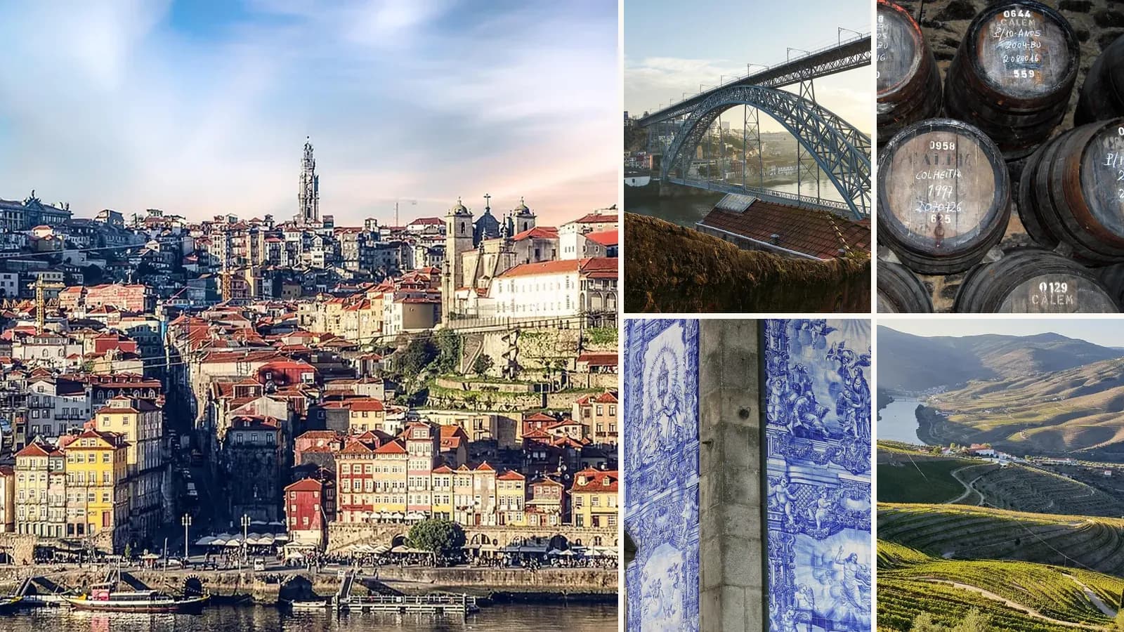 Collage: The Ribeira district, Porto, The Dom Luís I Bridge, Port wine barrels, An azulejo-tiled church in Porto, Terraced vineyards in the Douro Valley
