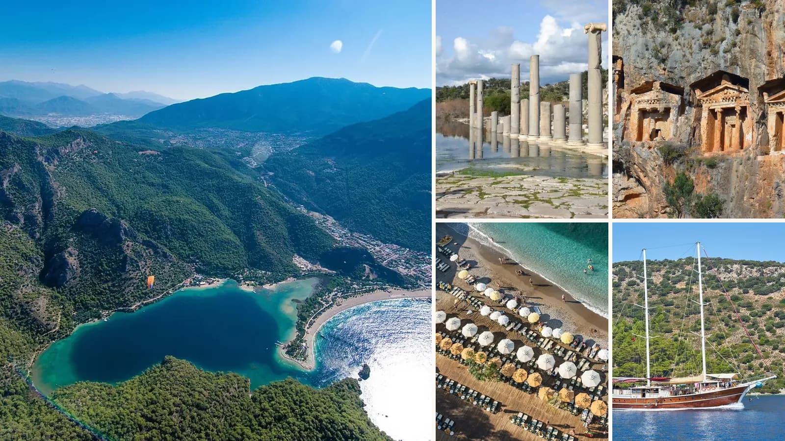 Collage: The Blue Lagoon at Ölüdeniz from above, Columns at the ancient city of Patara, Lycian rock tombs at Dalyan, Sunloungers on the beach at Alanya, A gulet sailing off the Turkish coast