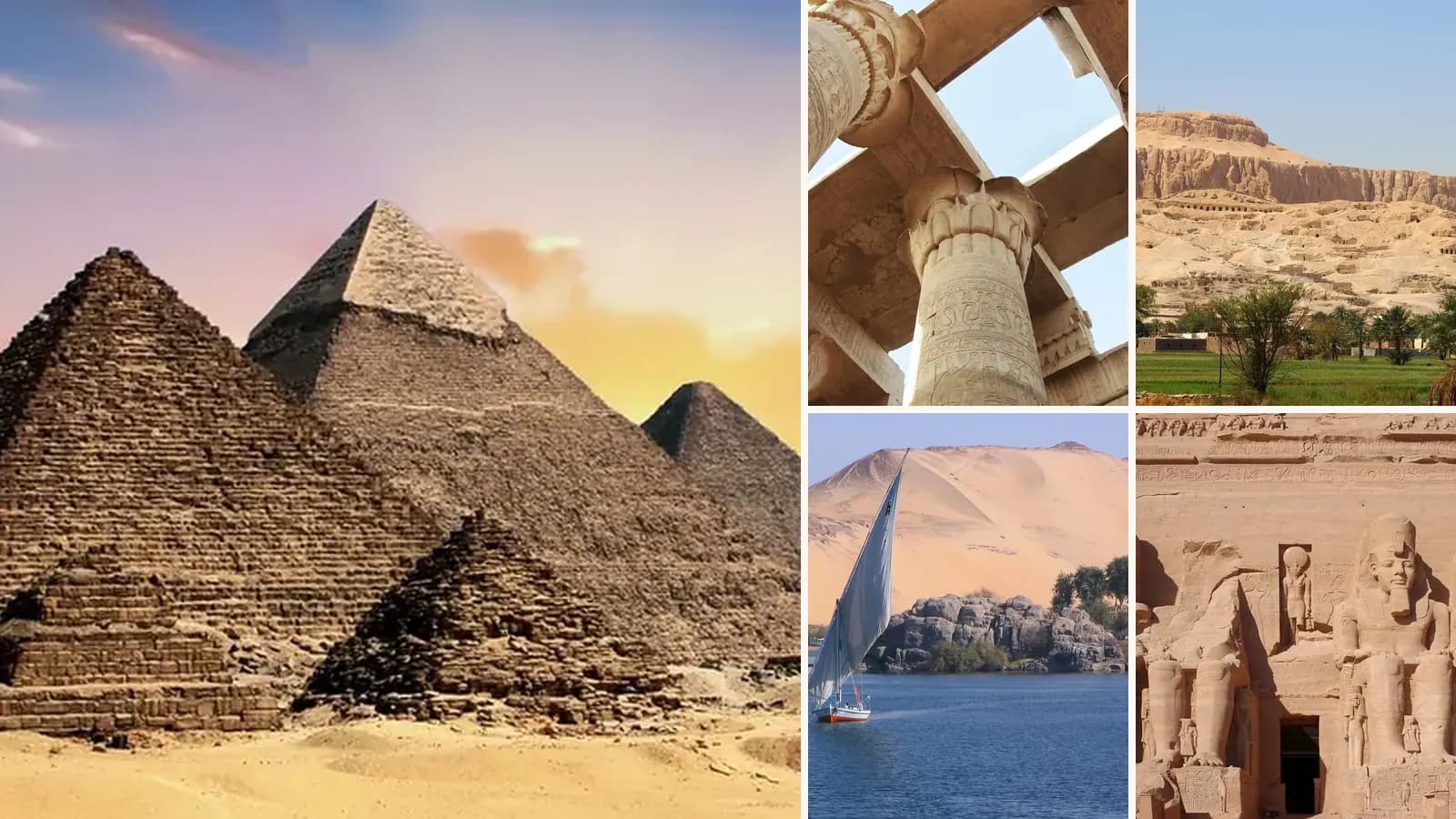 Collage: the Pyramids of Giza, Karnak, the Valley of the Kings, a felucca at Aswan and Abu Simbel