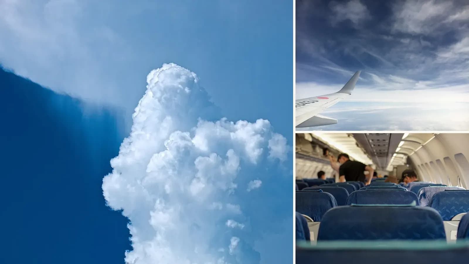 Collage: A towering cumulus cloud growing into a storm, View from an airliner window above scattered clouds, Rows of seats in an airliner cabin