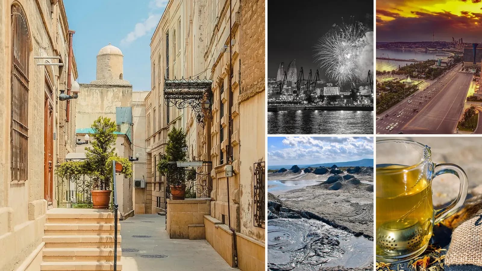 Collage: A lane in Baku's Old City, Baku's skyline and the Flame Towers at night, Panorama of Baku at sunset, Mud volcanoes at Gobustan near Baku, Tea in a glass