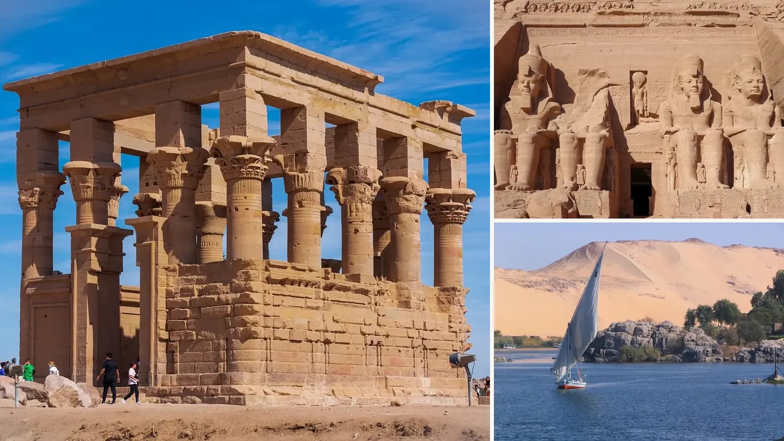 Collage: Trajan's Kiosk at Philae Temple, The rock temple of Abu Simbel, A felucca below the dunes near Elephantine Island