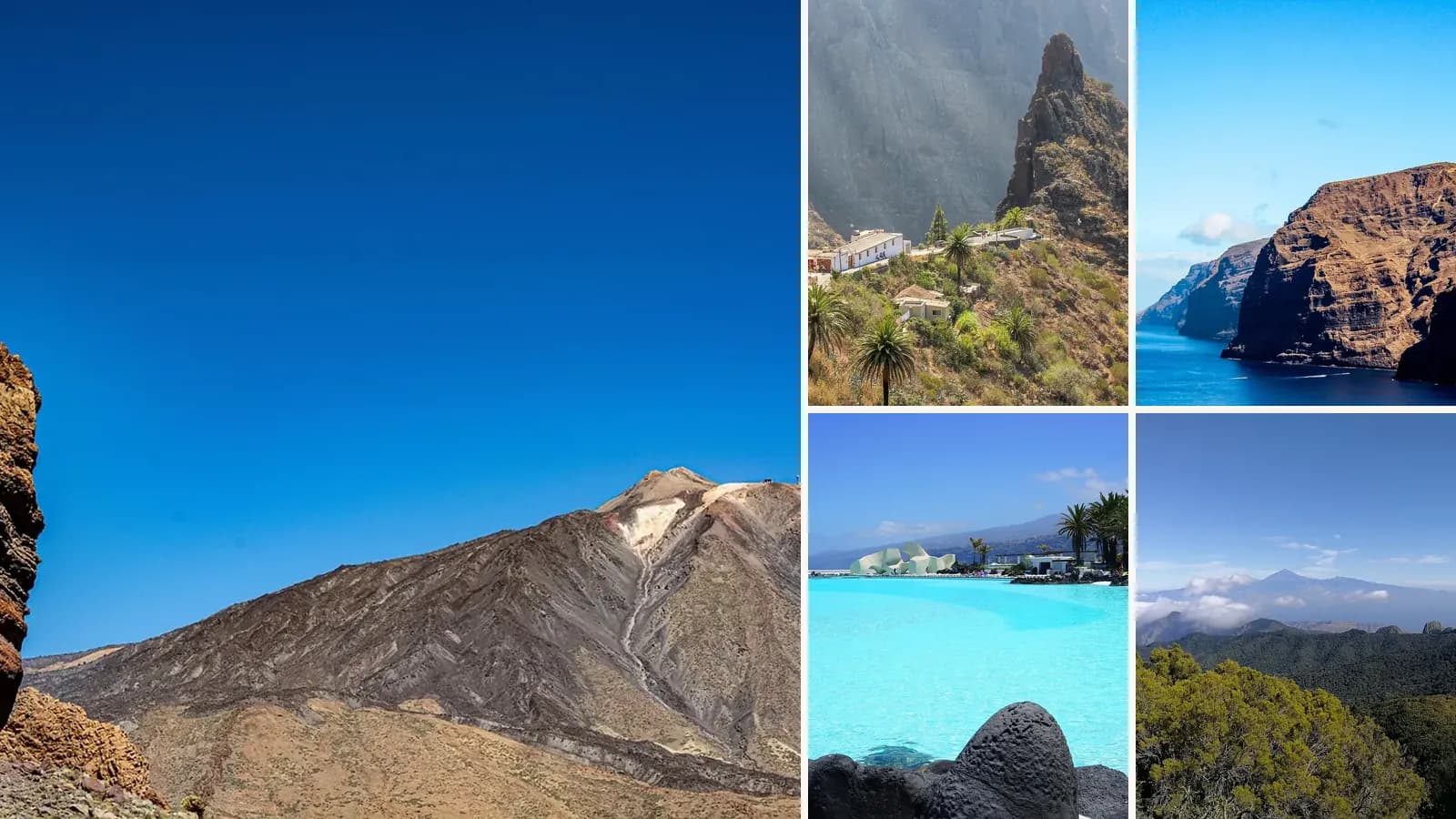 Collage: Roque Cinchado and Mount Teide, Masca in the Teno mountains, The cliffs of Los Gigantes, The Lago Martiánez pools, Puerto de la Cruz, Garajonay National Park, La Gomera