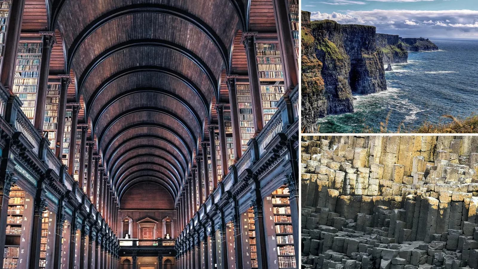 Collage: The Long Room, Trinity College Dublin, The Cliffs of Moher, Basalt columns at the Giant's Causeway