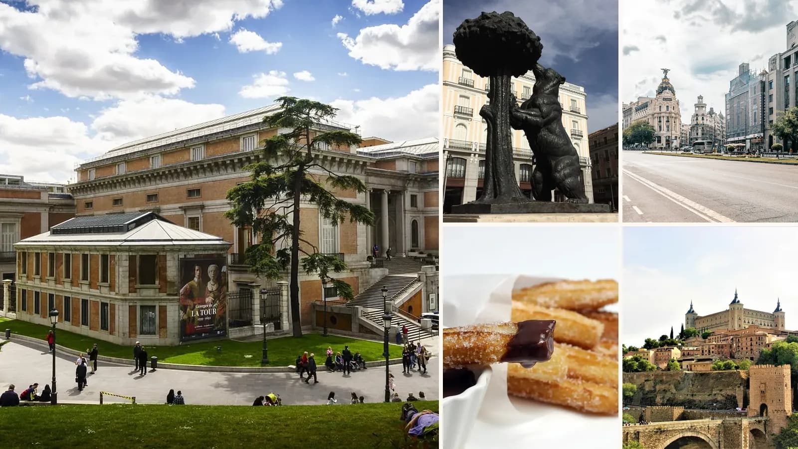 Collage: The Prado Museum, Madrid, The Bear and the Strawberry Tree statue in Puerta del Sol, The Metropolis building on Calle de Alcalá, Madrid, Churros with hot chocolate, Toledo and its Alcázar