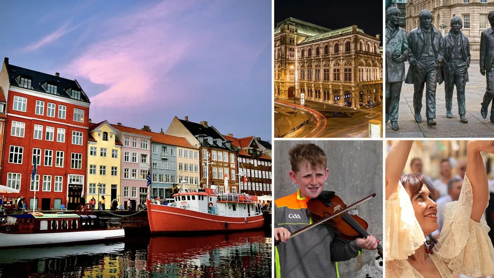 Collage: Nyhavn, Copenhagen, The Vienna State Opera, The Beatles statue, Liverpool, A young street musician in Ireland, A flamenco dancer