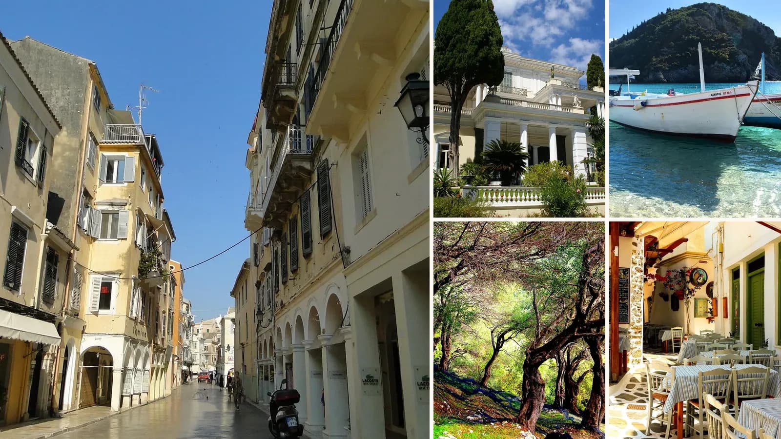 Collage: A street in Corfu Old Town, The Achilleion Palace, Corfu, Boats at Paleokastritsa, An olive grove on Corfu, A Greek taverna