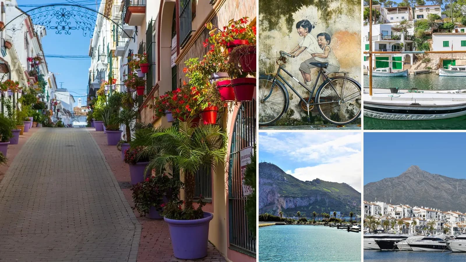 Collage: A flower-lined street in Estepona's old town, A mural on a wall, Fishing boats in a small Spanish harbour, The Rock of Gibraltar, Puerto Banús marina, Marbella