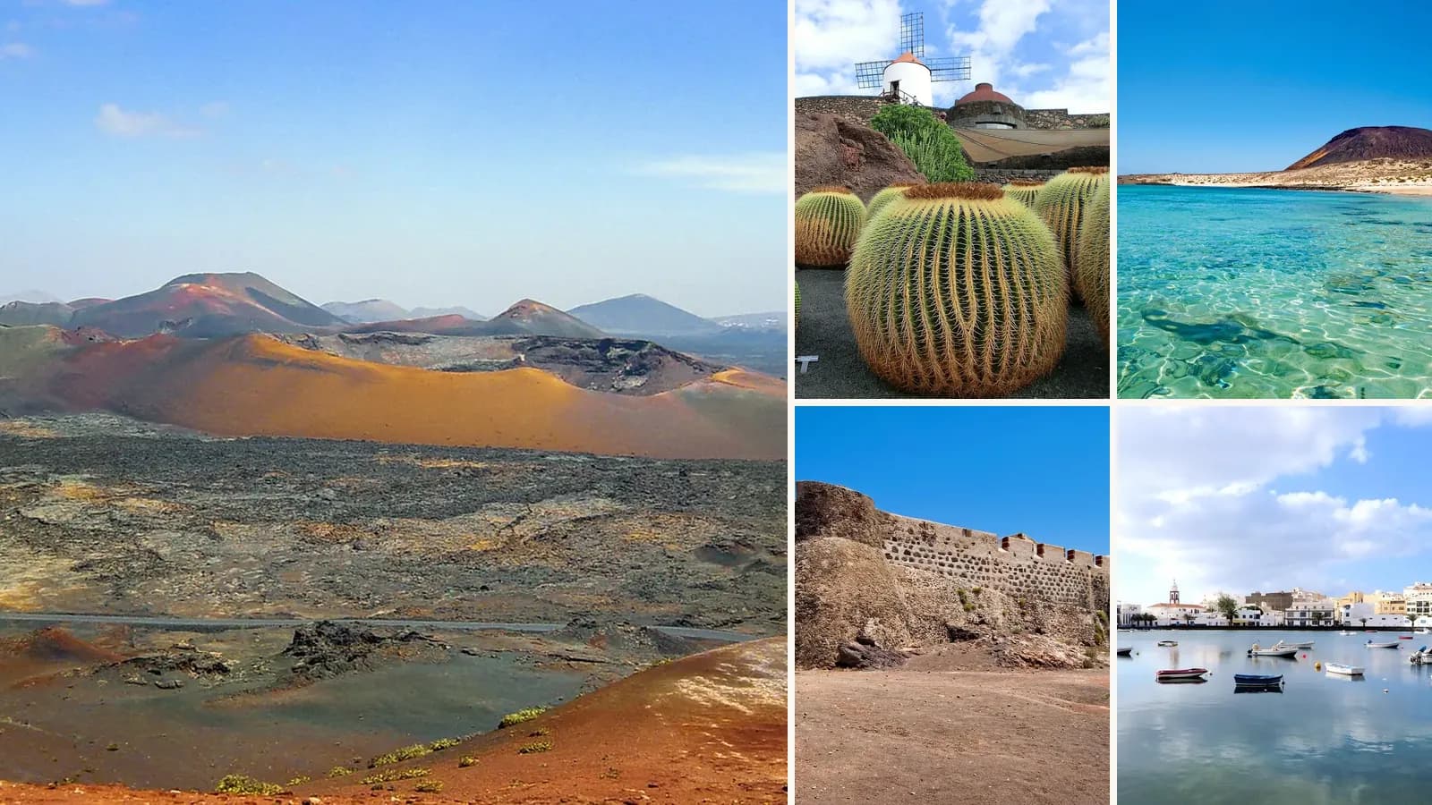 Collage: Volcanic craters in Timanfaya National Park, César Manrique's Cactus Garden in Guatiza, Playa Francesa on La Graciosa, Castillo de Santa Bárbara above Teguise, The lagoon in Arrecife