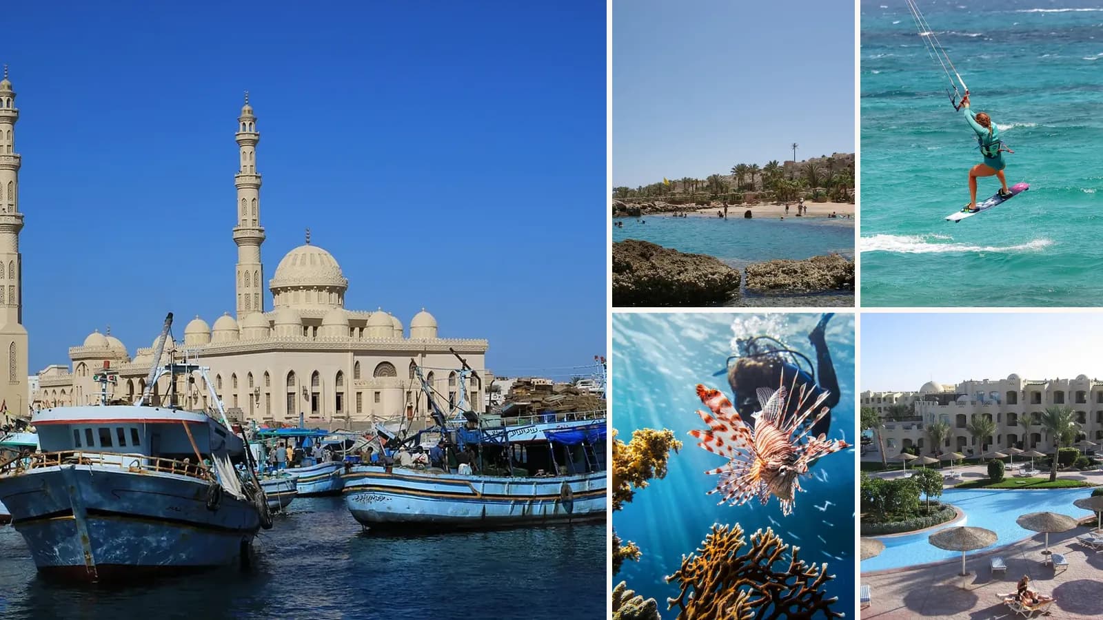 Collage: Hurghada harbour and mosque, The beach at Sahl Hasheesh, A kitesurfer on turquoise water, A lionfish on a Red Sea reef, A resort pool in Hurghada