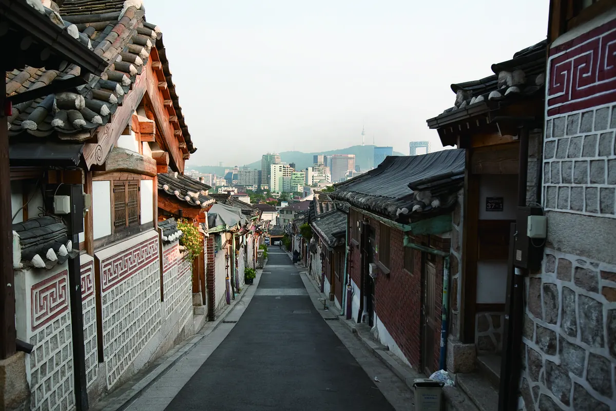 A lane of traditional hanok houses in Seoul