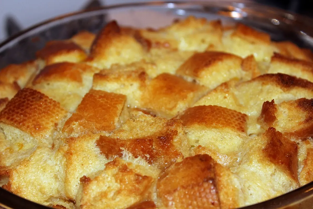 A baked bread pudding