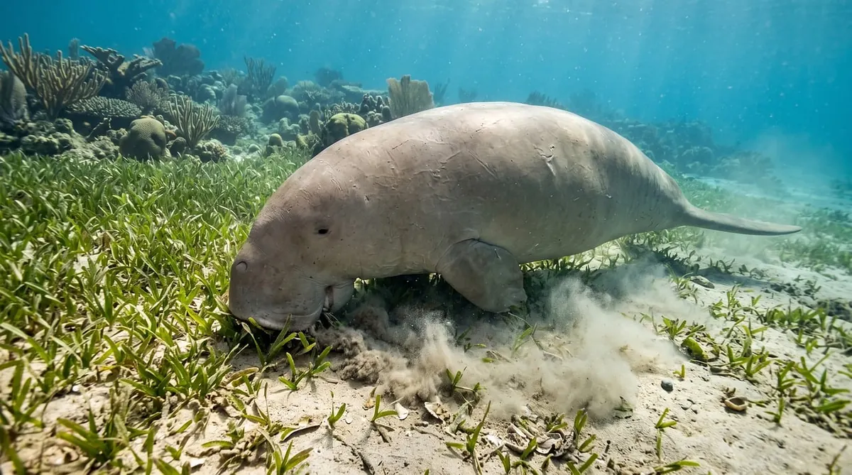 A dugong grazing on seagrass