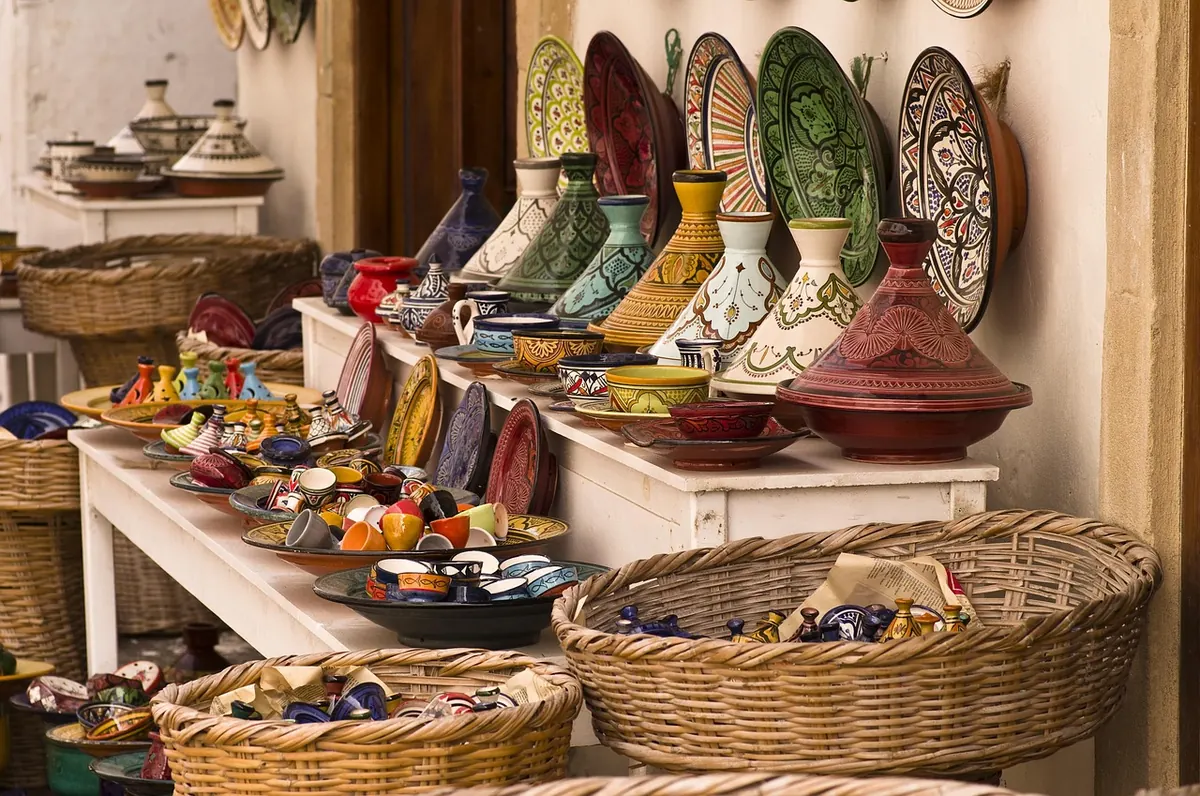 Tagines and pottery in a souk