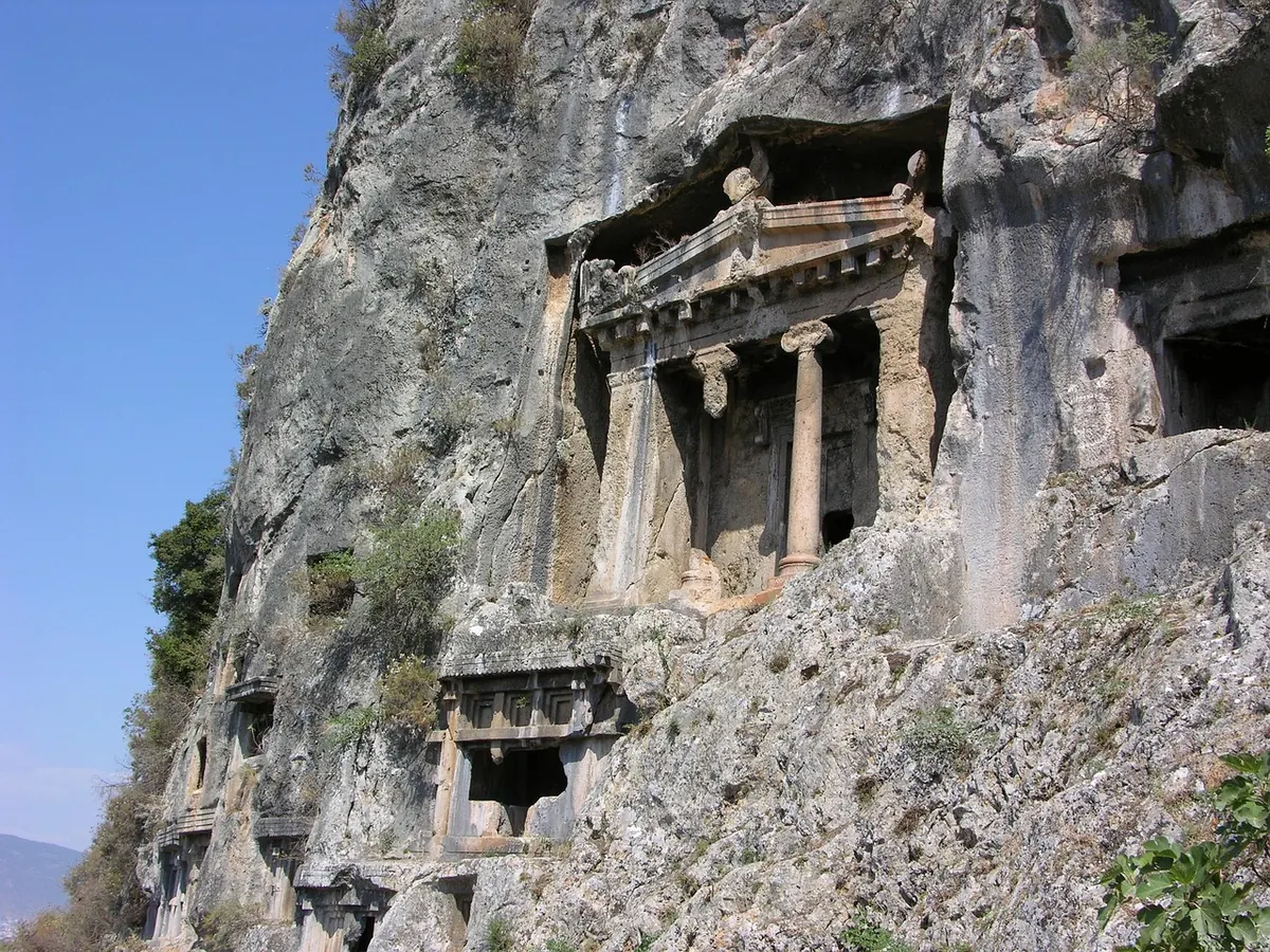 Lycian rock tombs carved into the cliff at Fethiye
