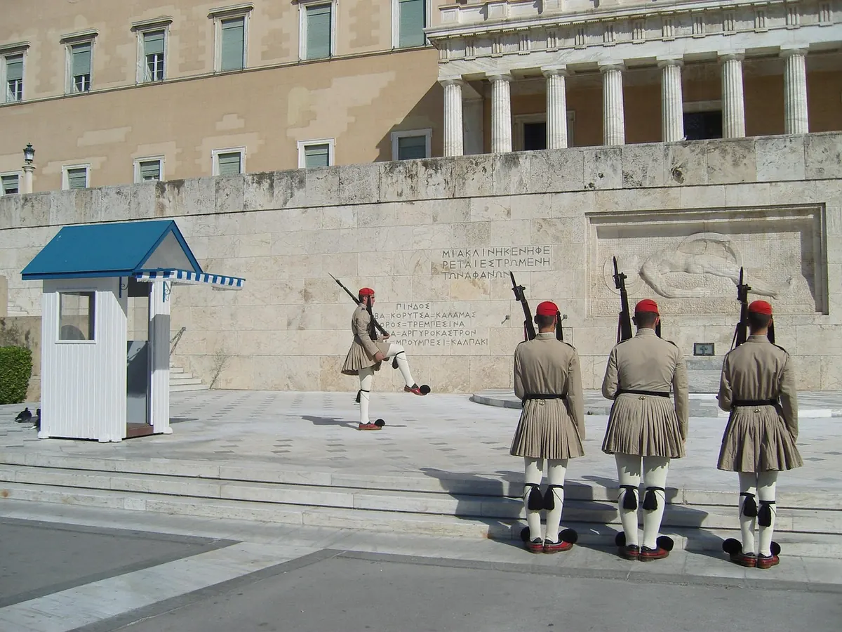 Evzones guards in front of the Greek Parliament