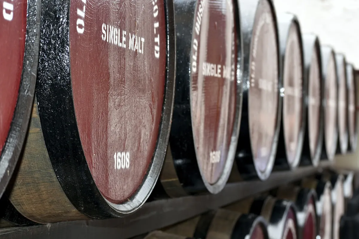 Whiskey barrels in a distillery