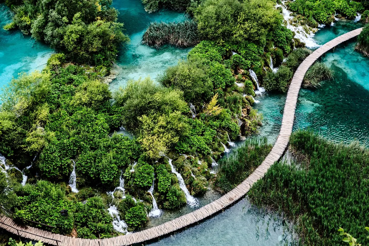 A boardwalk across the water at Plitvice Lakes