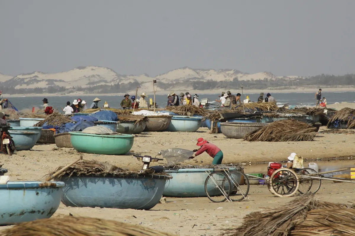 Round basket boats on a beach in central Vietnam