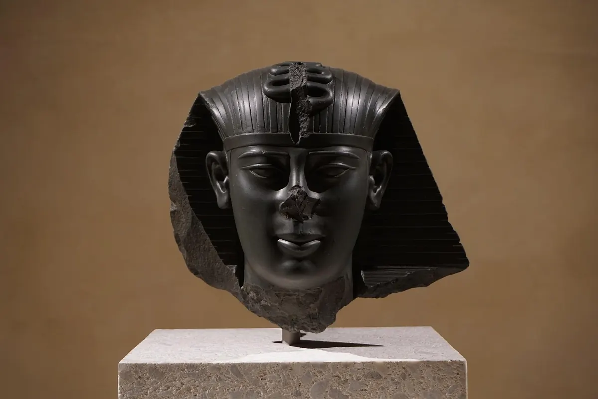 An ancient Egyptian royal head on display in a museum