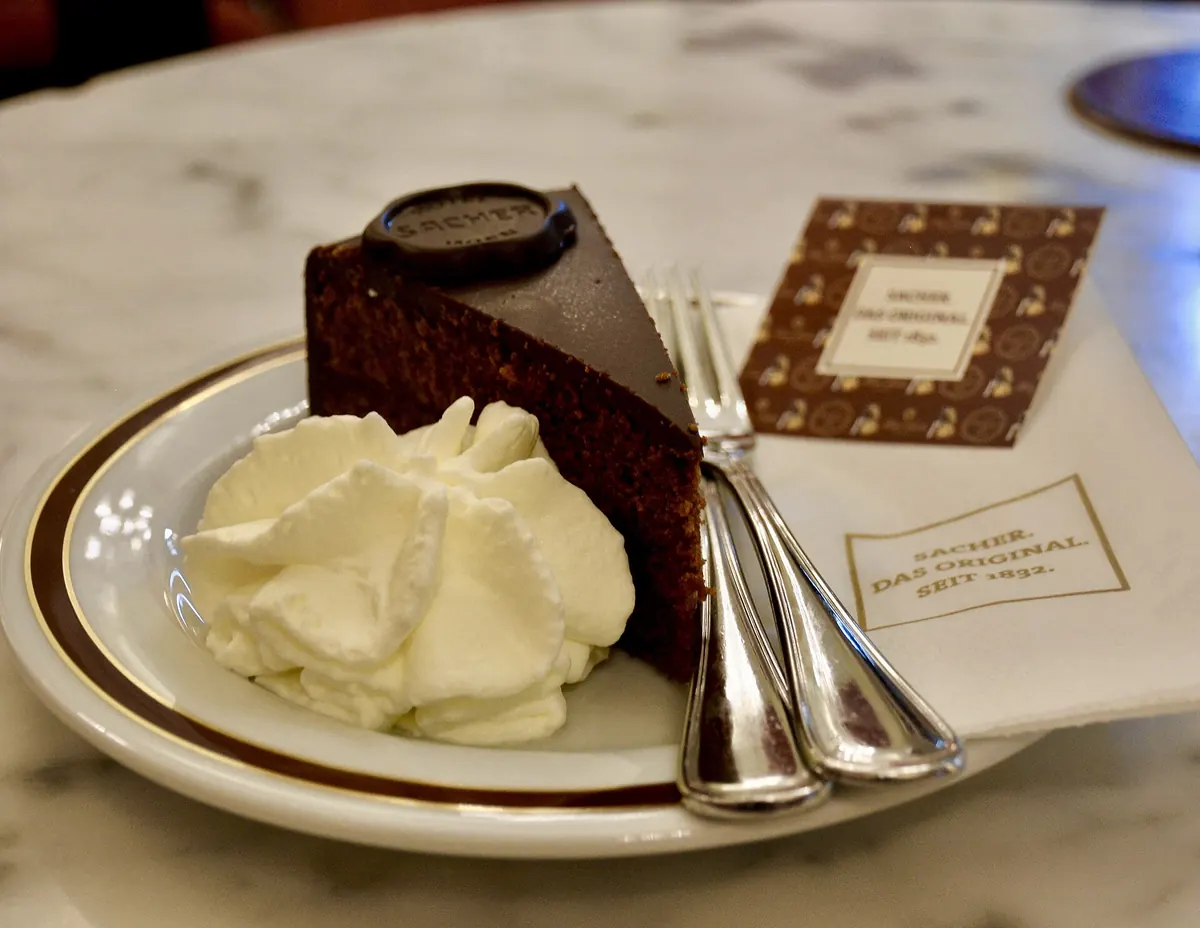 A slice of Sachertorte with whipped cream in Vienna