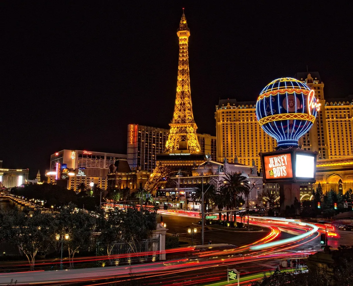 The Eiffel Tower replica at Paris Las Vegas at night