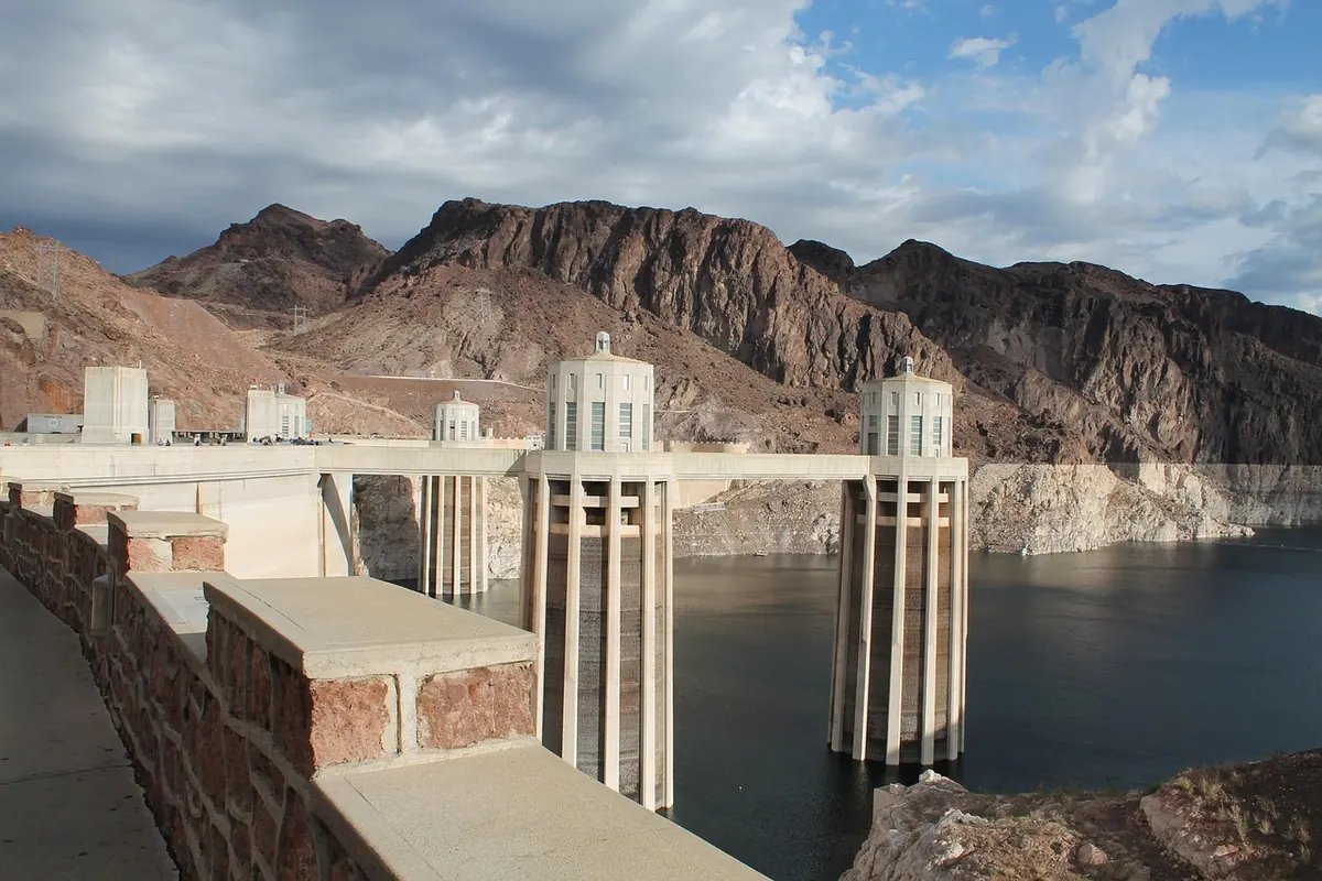The Hoover Dam and its intake towers on the Colorado River