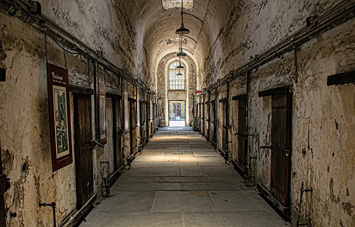 A cellblock corridor in Eastern State Penitentiary