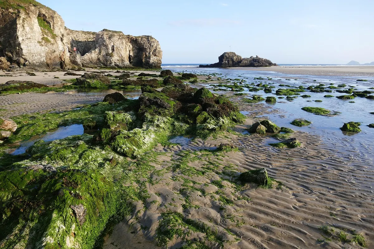 Rock pools on the beach at Perranporth, Cornwall