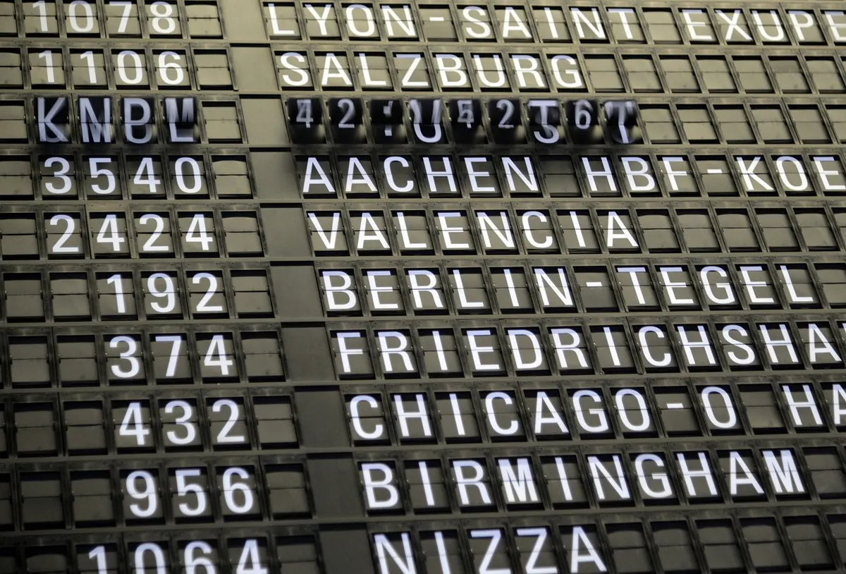 An airport departures board