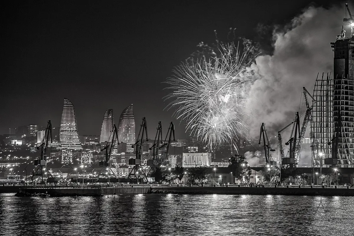 Baku's skyline and the Flame Towers at night