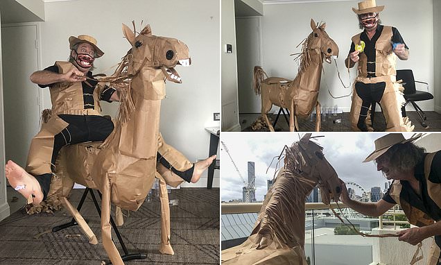 Hotel guest turns room service bags into a cowboy outfit