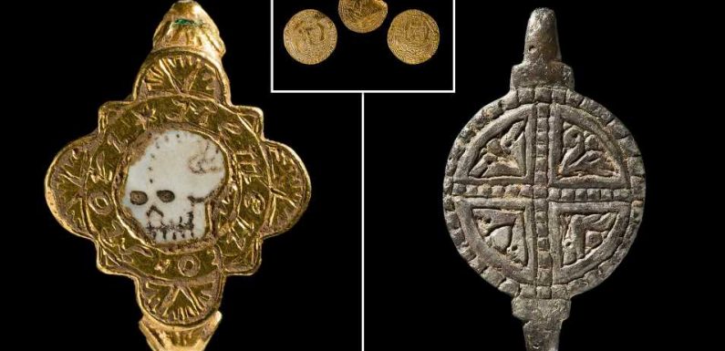 Gold ring engraved with a skull one of nine treasures found in Wales