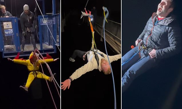 Terrifying videos show daredevils bungee jumping in the DARK