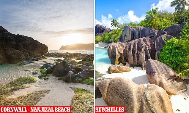 UK beach with azure waters and secret caves compared to the Seychelles